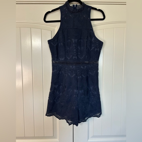 Whimsigoth Shorts Romper. Navy, brocade fabric. Sleeveless. #Lace #coquette - Picture 1 of 8